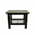 What are the dimensions of the grate underneath the table, including the height between the shelf and table?